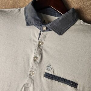 Original Penguin Mens Polo Shirt Short Sleeve Chambray Pocket Logo Size L G
